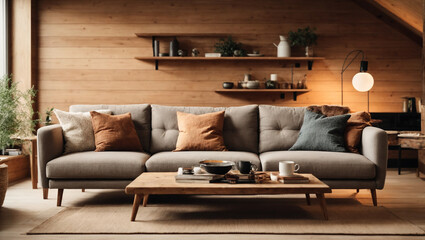 Attic scandinavian home interior design of modern living room. Corner sofa and rustic coffee table against wood lining wall with book shelves. - obrazy, fototapety, plakaty