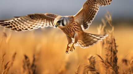 an image of a kestrel hunting in an open grassland - obrazy, fototapety, plakaty
