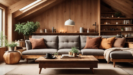 Attic scandinavian home interior design of modern living room. Corner sofa and rustic coffee table against wood lining wall with book shelves.
