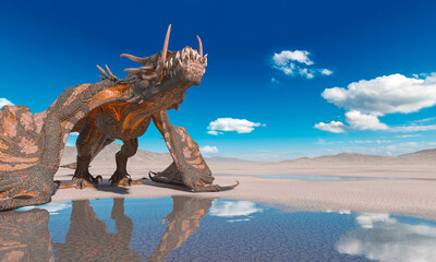 dragon is grounded on the desert after rain side view