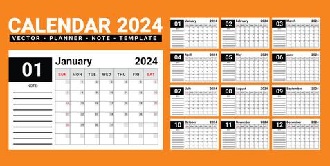 2024 desk Planner Calendar design with note space vector template