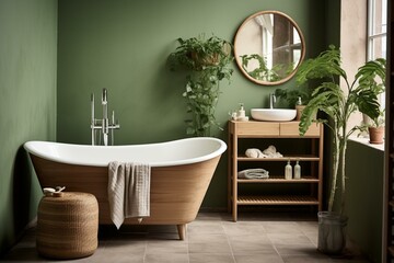 Nordic bathroom with large green tub, plants, wooden furniture, towels, and mirror. Generative AI