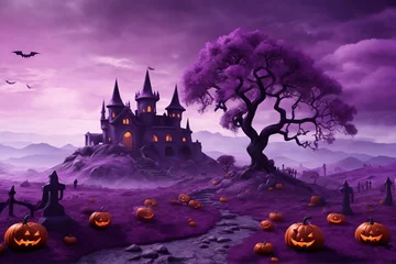 Schilderijen op glas Purple Halloween Landscape Background, Halloween Background, Halloween Landscape Background, AI Generative © Forhadx5