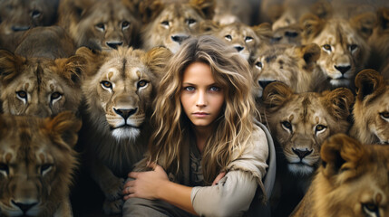 Beautiful feral woman standing between lions being the odd one out from the group