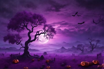 Purple Halloween Landscape Background, Halloween Background, Halloween Landscape Background, AI Generative