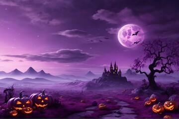 Purple Halloween Landscape Background, Halloween Background, Halloween Landscape Background, AI Generative