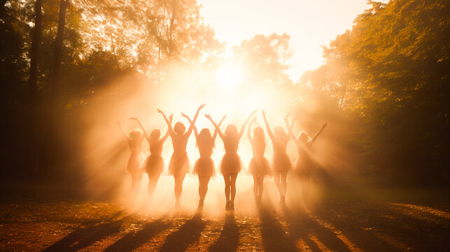 Magical moment with group of girls dancing in the park at sunrise in misty sunlight - Powered by Adobe