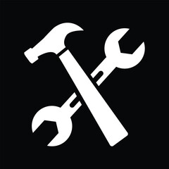 Hammer And Wrench vector icon. Style is flat symbol, white color, black background.
