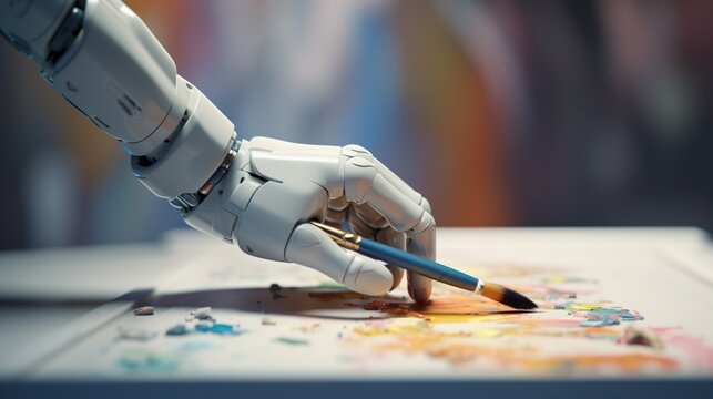 robotic hand with paintbrush painting picture with oil, robot fingers holding brush and draw art, artificial intelligence concept, generative AI