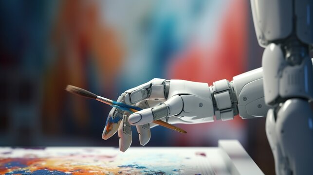 robotic hand with paintbrush painting picture with oil, robot fingers holding brush and draw art, artificial intelligence concept, generative AI