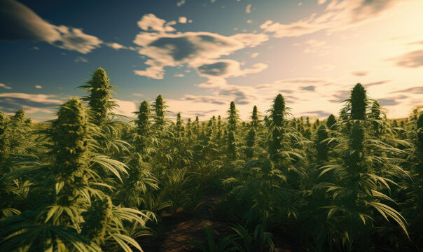Cannabis hemp plants being grown in a field. Marijuana crop farming. Generative ai
