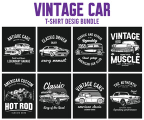 Old classic cars vector t-shirt design bundle. vintage t-shirts design graphic illustrations. american vintage cars template.