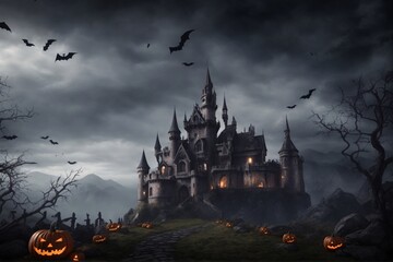 Halloween Gothic Castle Landscape Background, Halloween Background, Halloween Landscape Background, AI Generative
