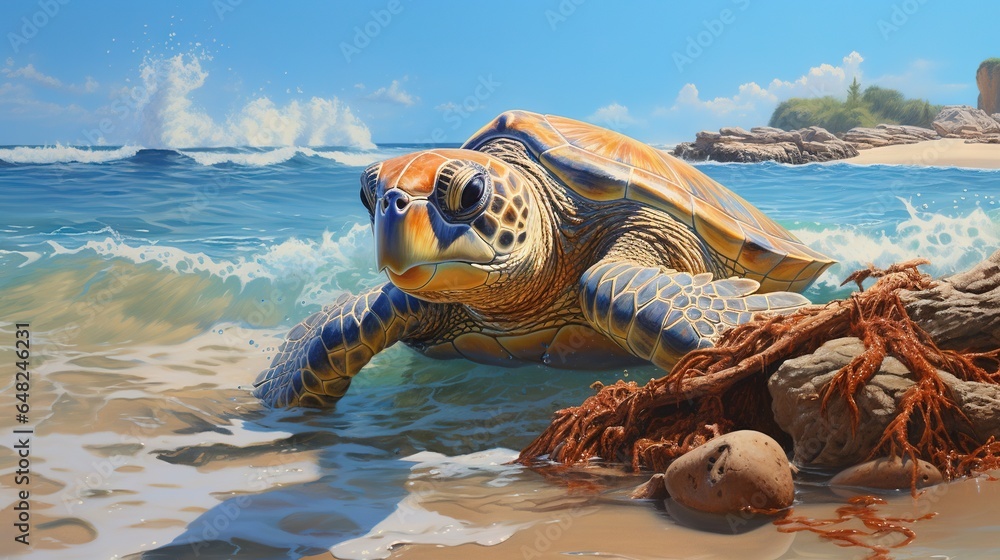 Poster a painting of a turtle in the ocean with a rock in the foreground. generative ai