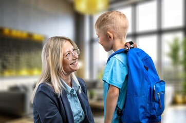 Happy young family preparing for study in school, AI generated image