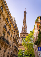 Beautiful view to the Eiffel Tower in Paris between the typical mansions - travel photography in Paris France