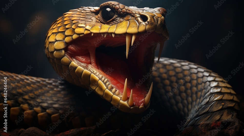 Poster a close up of a snake with it's mouth open. generative ai