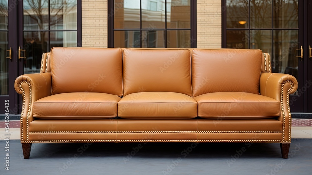 Poster a tan leather couch sitting in front of a building with windows. generative ai