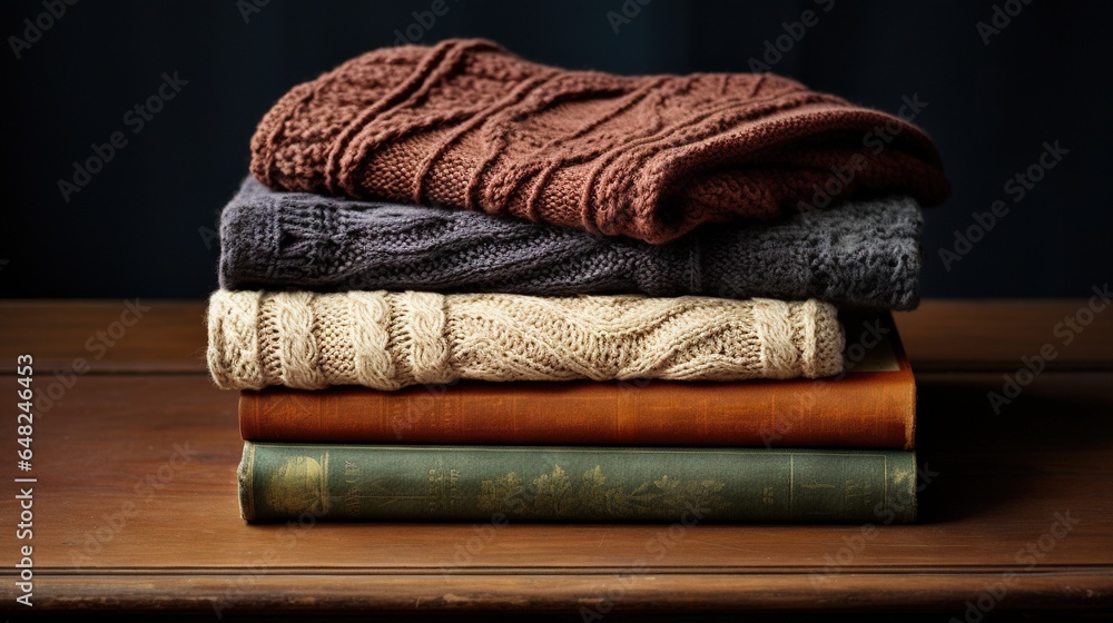 Poster a stack of sweaters and a book on a table. generative ai