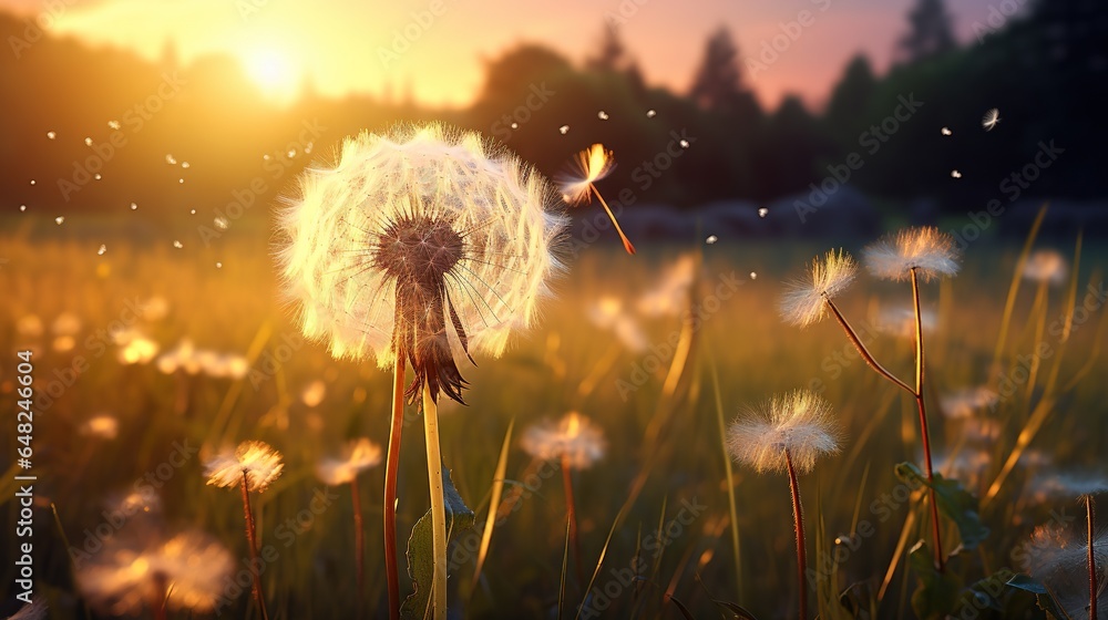 Poster a dandelion in a field with the sun setting. generative ai