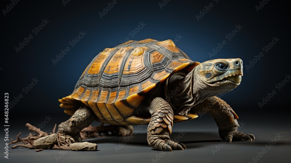 Poster a small turtle is walking on a black surface with a blue background. generative ai