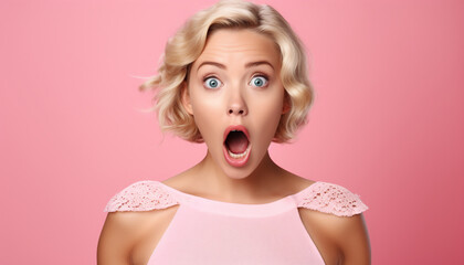 beautiful shocked young blonde woman posing isolated over pink wall background