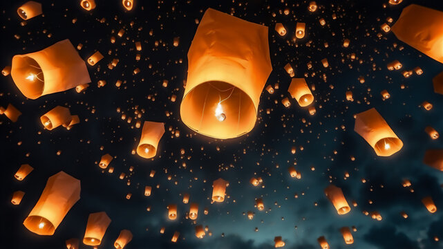 Festive Sky Lanterns (Yuèxiāo / Kongming Lanterns) Ascending & Floating During Traditional Chinese New Year Celebration - Capturing Moments of Joy and Hope. Generative AI.
