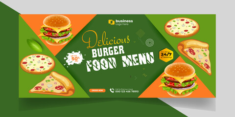 
Delicious Fast Food Pizza banner with social media post template Banner, Restaurant discount food Burger banner Design, Food menu social media cover template.
