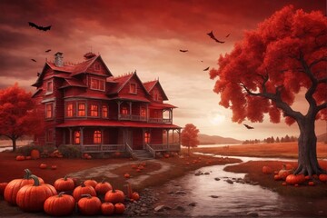 Red Halloween landscape Background, Halloween Background, Halloween Wallpaper, Halloween Landscape, AI Generative