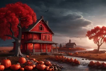 Foto auf Acrylglas Rot  violett Red Halloween landscape Background, Halloween Background, Halloween Wallpaper, Halloween Landscape, AI Generative