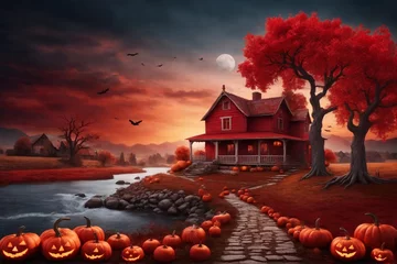 Schilderijen op glas Red Halloween landscape Background, Halloween Background, Halloween Wallpaper, Halloween Landscape, AI Generative © Forhadx5