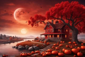 Poster Red Halloween landscape Background, Halloween Background, Halloween Wallpaper, Halloween Landscape, AI Generative © Forhadx5