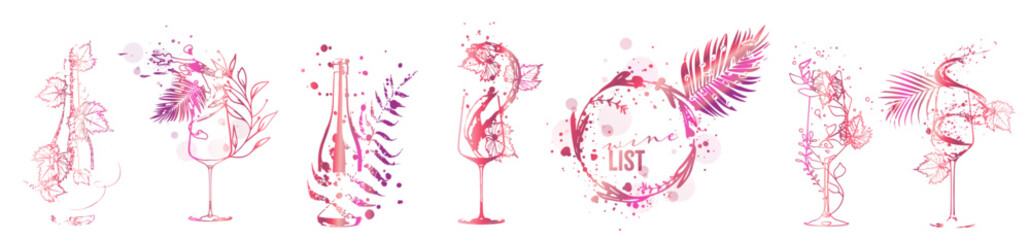 Collection of wine elements - Wine designs. Sketch vector illustration. Hand drawn elements for invitation cards, advertising banner and menu cards. Colorful wine glasses with splashing wine.