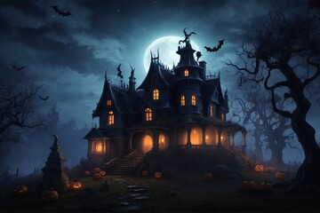 Halloween Haunted House, Halloween Background, Halloween Wallpaper, Haunted House, AI Generative