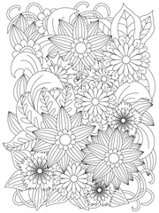 Flower pattern in black and white for adult coloring book. Black and white flower pattern for coloring. Doodle floral drawing. For adults and kids.