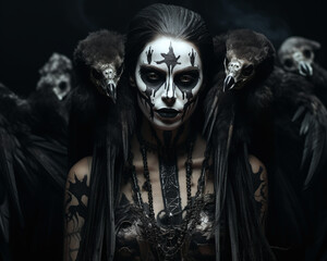 a woman in black and white makeup with a face painted with skulls and vultures on a black