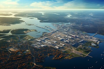 Bird's-eye view of the Boston area and Logan International Airport with runway surroundings. Generative AI