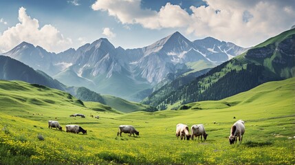 an image of a peaceful mountain pasture with grazing cattle and wildflowers - obrazy, fototapety, plakaty