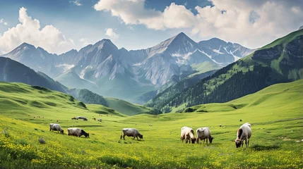 Fotobehang an image of a peaceful mountain pasture with grazing cattle and wildflowers © Wajid
