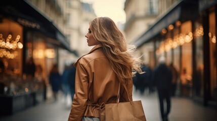 Modern happy asian Female lifestyle fashion portrait. beautiful attractive young woman girl enjoy stylish walk with shopping bag packages on the street, trendy outfit on shopping mall, browse product - obrazy, fototapety, plakaty