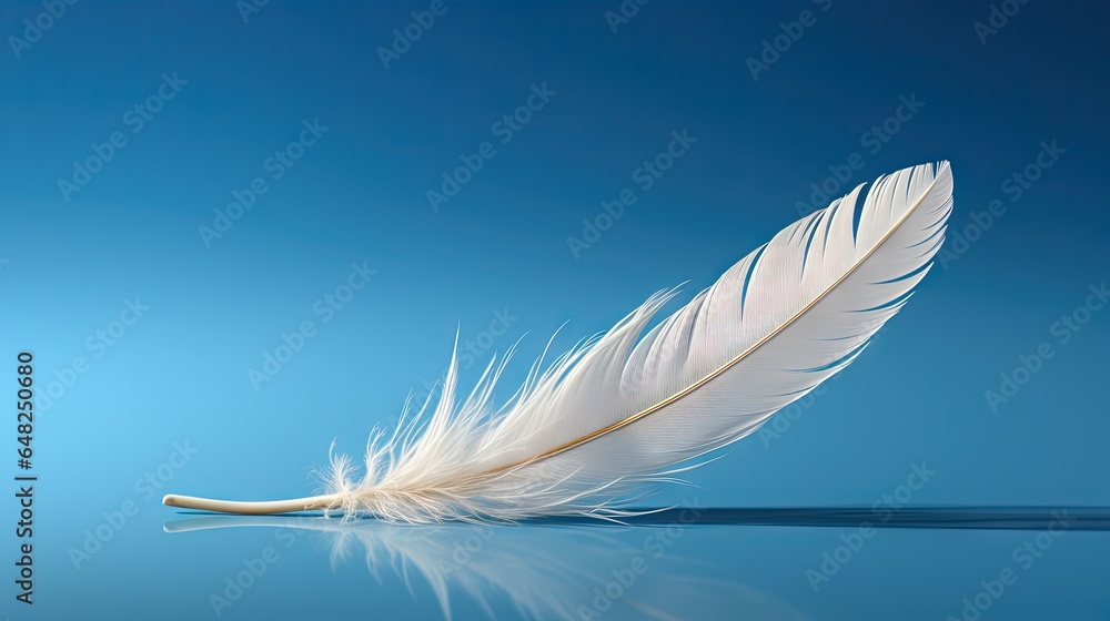 Poster a white feather resting on a blue surface with a reflection. generative ai