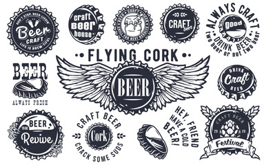 Beer cap vector set for design of brew beer in a brewery. Collection of metal corks for logo of craft brewing. Vintage old retro designs with beer cap for pub and bar