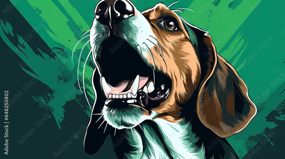 Poster a dog with its mouth open and a green background behind it. generative ai