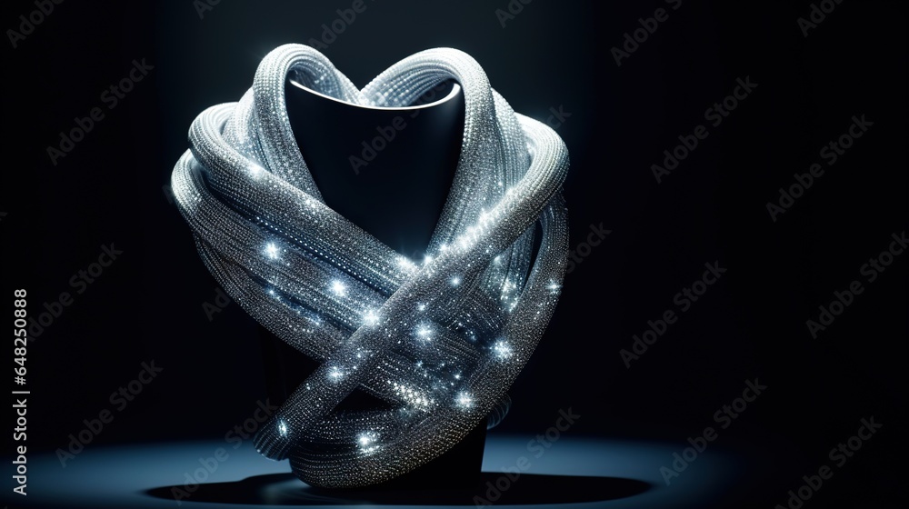 Poster a sculpture with lights in the shape of a ribbon on a black background. generative ai