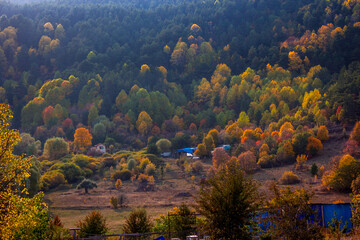 Fototapeta na wymiar Best of Autumn:You can understand the uniqueness of nature and all its colors by looking at the seasons, especially autumn and spring. A small cabin at the foot of the mountain in the colorful forest.