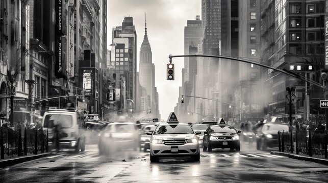 black and white street photography of a busy New York City intersection, conception: street life
