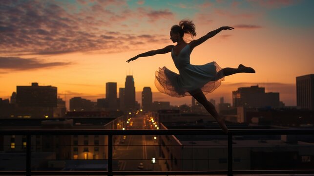 professional ballet dancer mid-leap on a city rooftop at dusk, sunset, 16:9