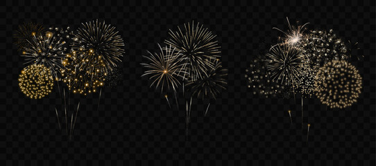 Gold fireworks vector set. Collection of realistic golden fireworks.