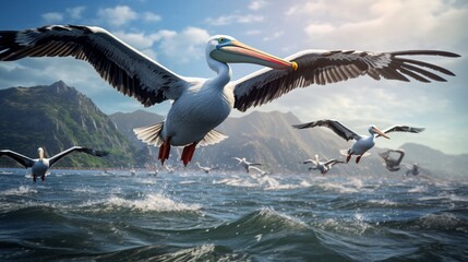 an image of a pelican squadron in synchronized flight over the ocean - obrazy, fototapety, plakaty