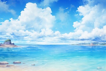 Illustration depicting the beautiful Okinawa sea with a watercolor aesthetic. Generative AI